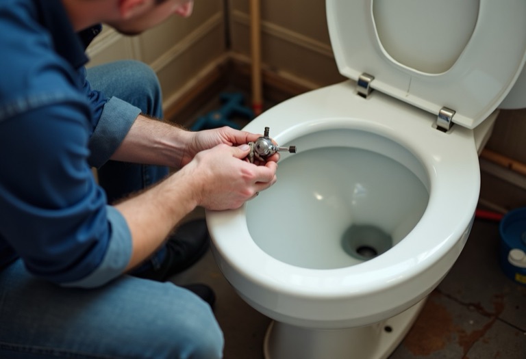 Plumber holding a rubber flapper valve beside an open toilet tank with fill valve visible