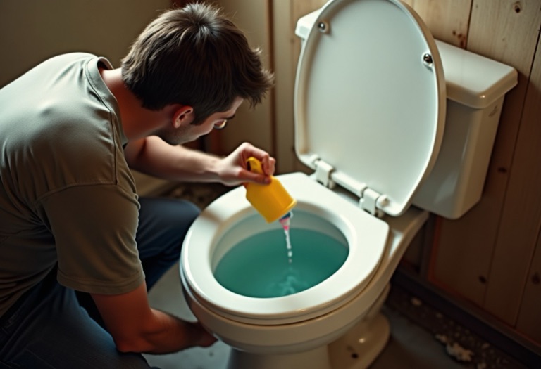 Hand squeezing food coloring into an open toilet tank to check for leaks
