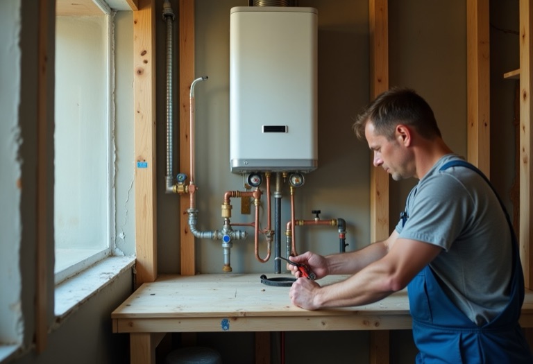 Plumber installing gas and water lines on a wall-mounted tankless heater