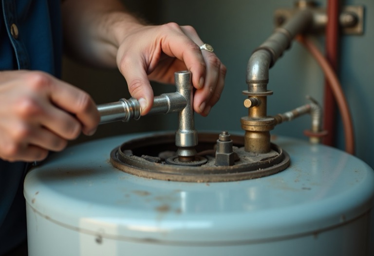 Plumber removing corroded anode rod near a tank's T&P relief valve
