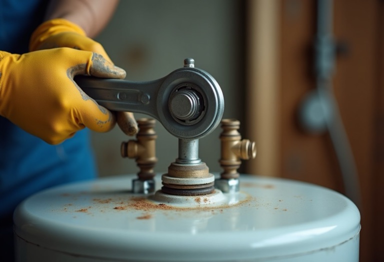 Hands removing a corroded anode rod from a water heater with a wrench