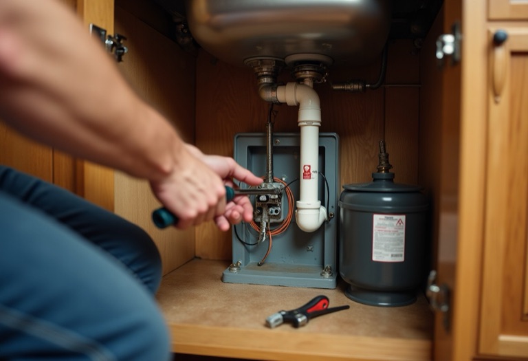 Plumber removing electrical cover plate from garbage disposal under sink