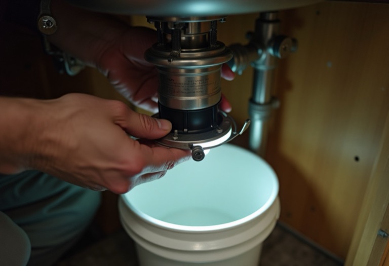 Hands aligning disposal tabs with mounting ring under kitchen sink