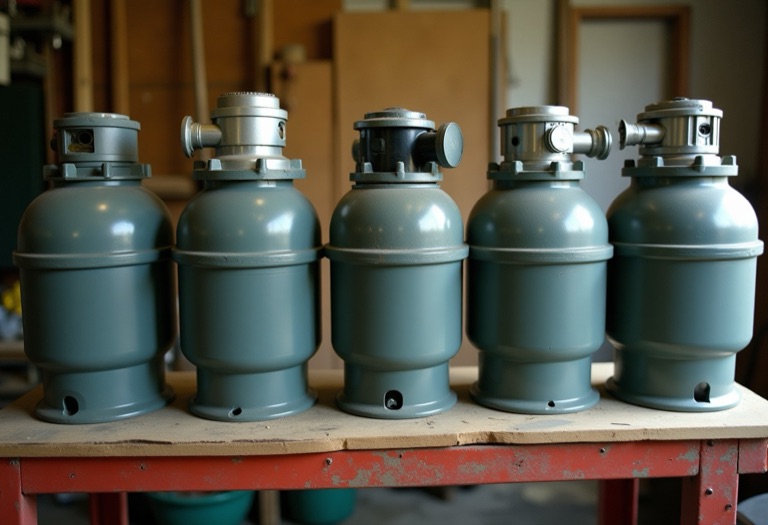 Four garbage disposals of different sizes lined up on a workbench