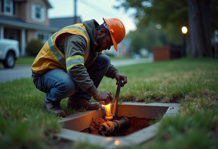 Inspector examining an exposed underground service line connection at a curb stop box.