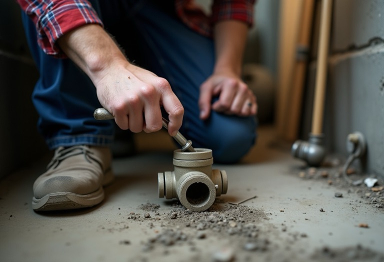 Plumber scratching an old gray pipe near a basement water meter to test the metal.