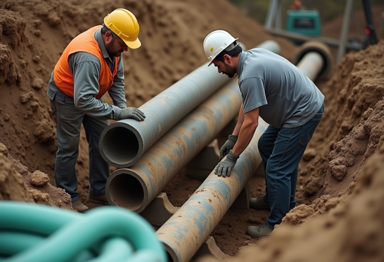 Crew members laying an old corroded pipe section next to new copper pipe at a trench.