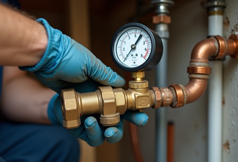 Plumber installing a brass pressure-reducing valve on a copper water supply line