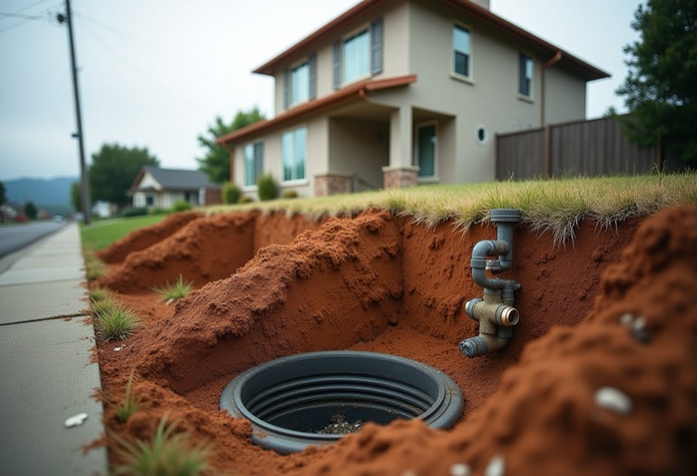 Two-story house on a sloped lot with a water meter pit near the street
