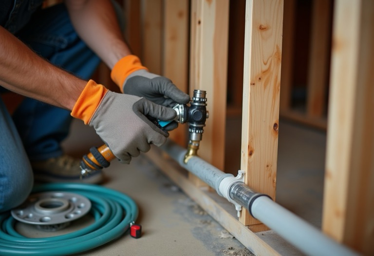 Plumber crimping a PEX fitting onto tubing inside an open wall stud bay