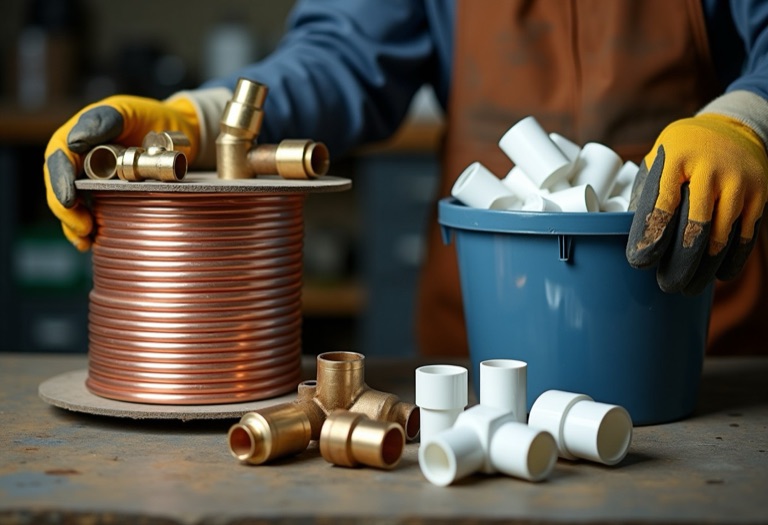 Hands holding copper and brass pipe fittings beside PVC fittings on a workbench