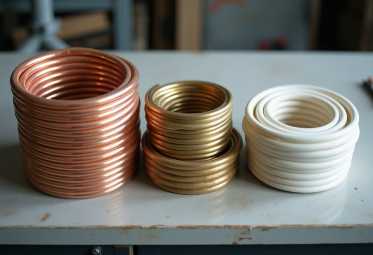 Three rows of copper tubing, brass fittings, and plastic trim on a workbench