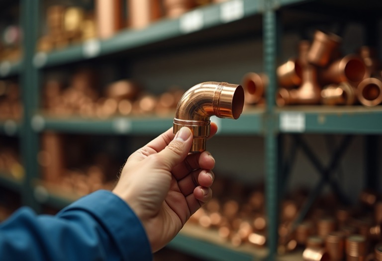 Hand holding a copper elbow fitting in a supply room with shelved parts
