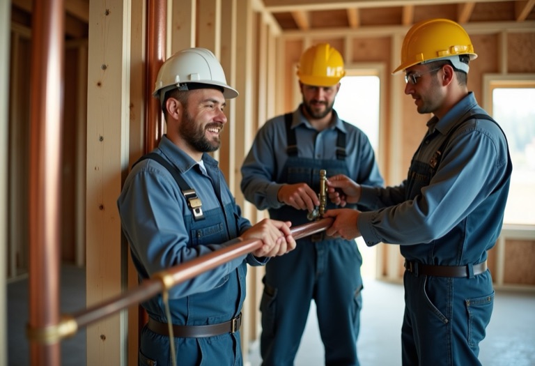 Three plumbers installing copper pipe in a framed construction site