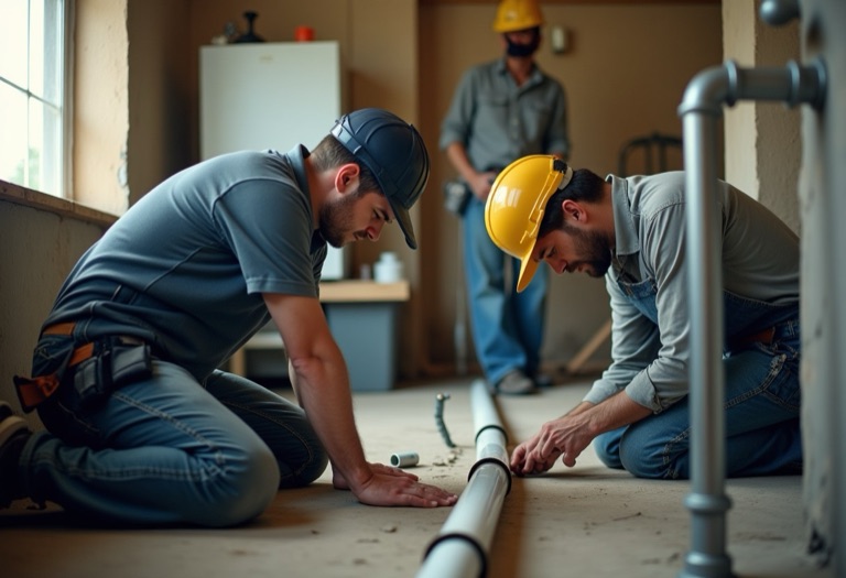 Plumber measuring pipe near a boiler with another tradesperson nearby