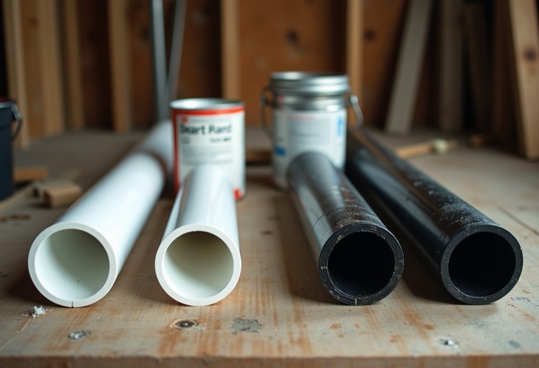 White PVC pipe and black ABS pipe with fittings and solvent cement cans on workbench