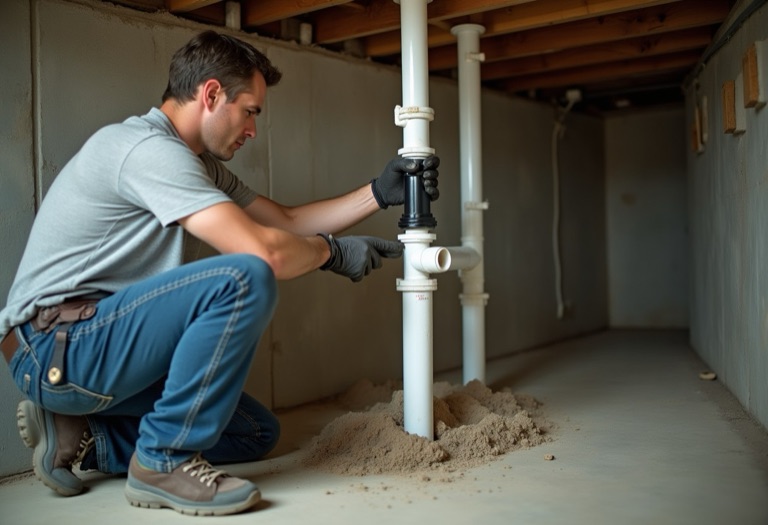Plumber holding black ABS fitting against white PVC drain stack in basement