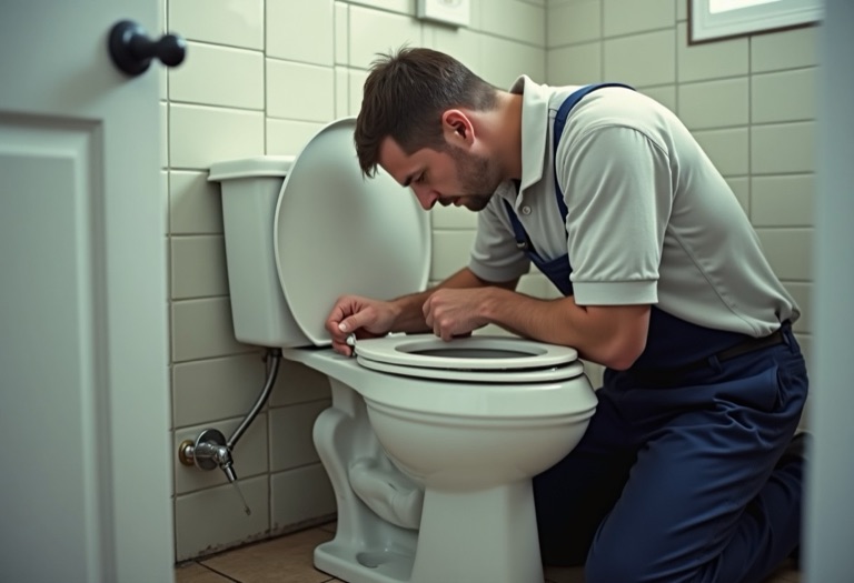 Plumber adjusting toilet tank fill valve near a tiled shower stall
