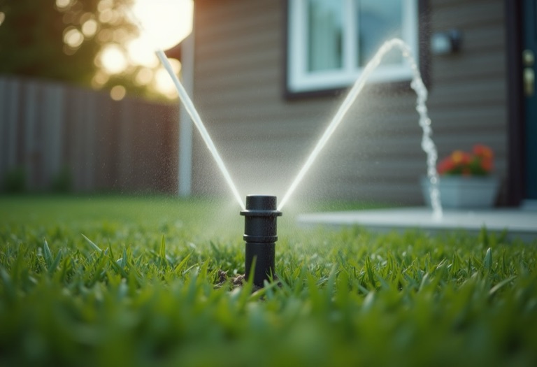 Sprinkler head watering lawn with kitchen faucet running indoors in background
