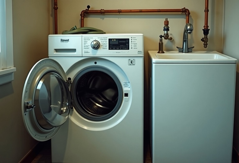 Front-loading washer beside copper supply piping and shutoff valve in laundry room