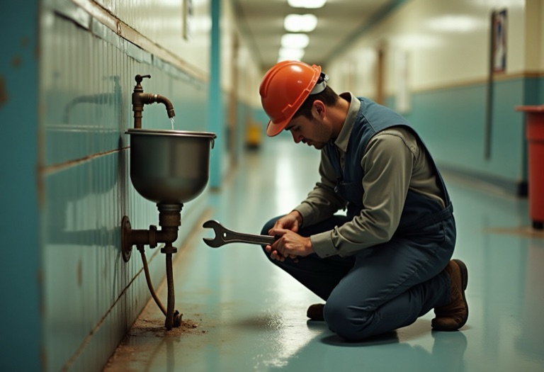 Plumber removing a drinking fountain bubbler head with a wrench in a school hallway