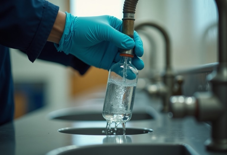 Gloved hand collecting a water sample from a faucet into a clear bottle