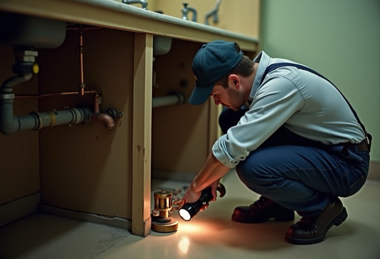 Plumber inspecting brass valve and copper pipes under a school sink with flashlight