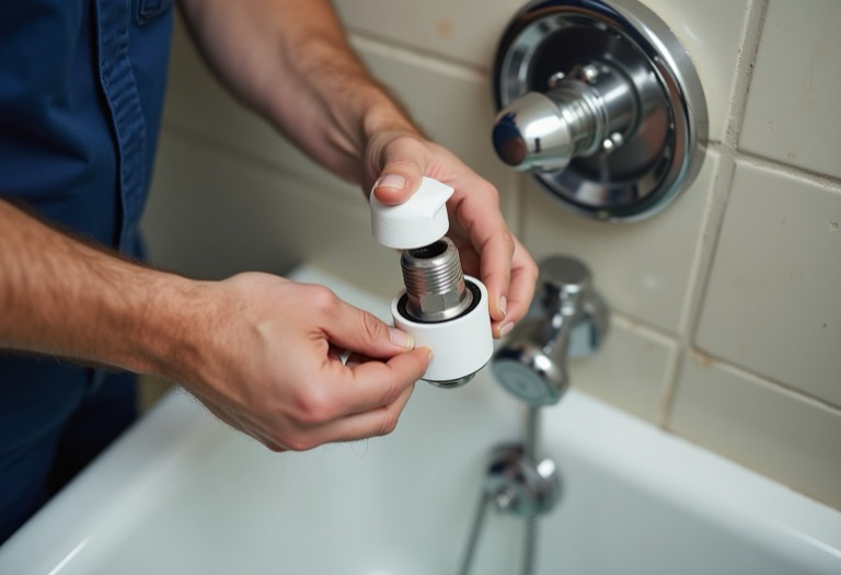 Plumber wrapping thread-seal tape on a shower arm before attaching a shower head