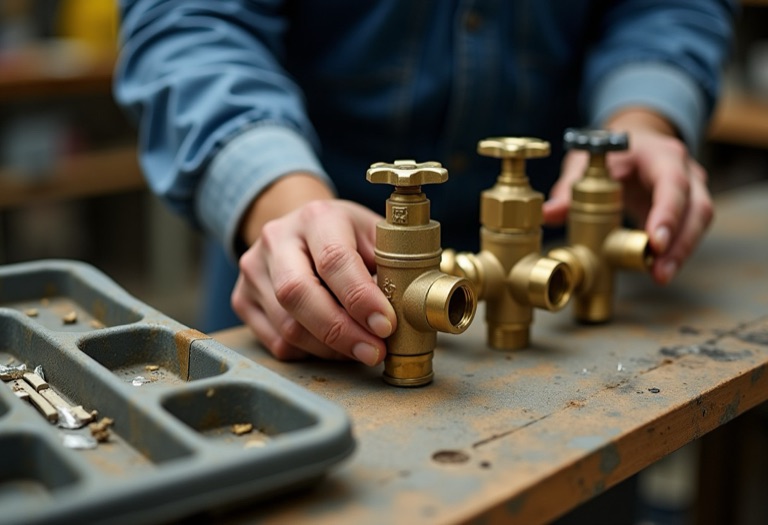 Plumber comparing several brass shower valve bodies on a workbench
