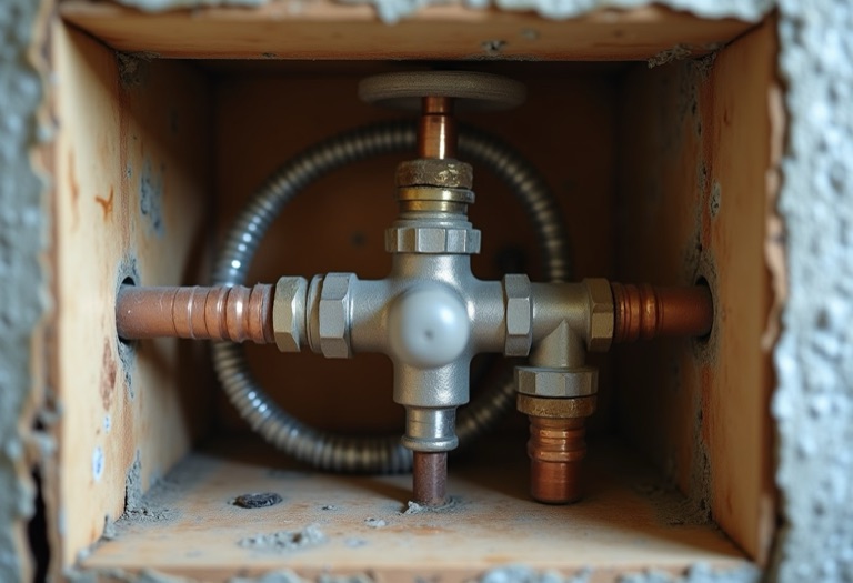 Plumber connecting copper lines to a two-outlet shower valve in a wall