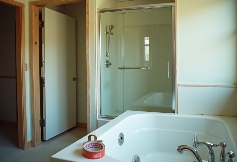 Alcove bathtub and glass walk-in shower installed side by side in a renovated bathroom