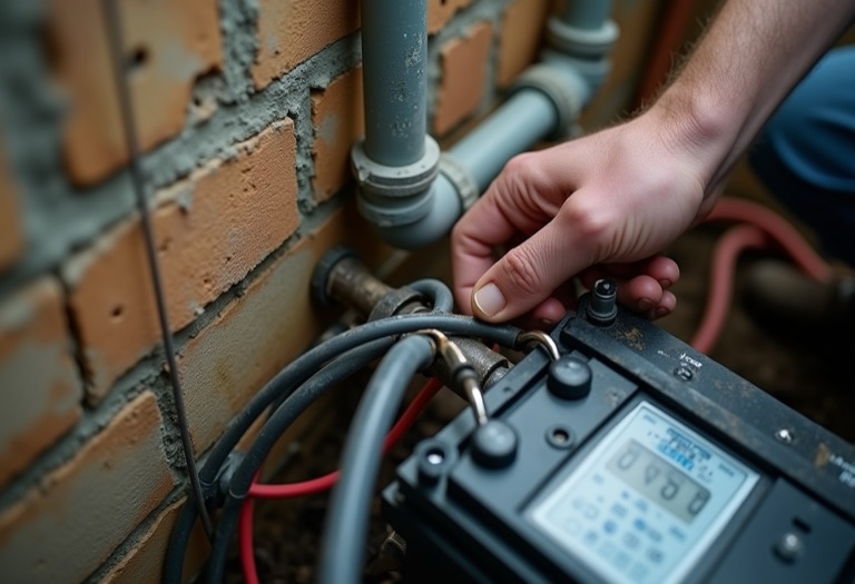 Hands connecting cables from controller to battery terminal near sump pit