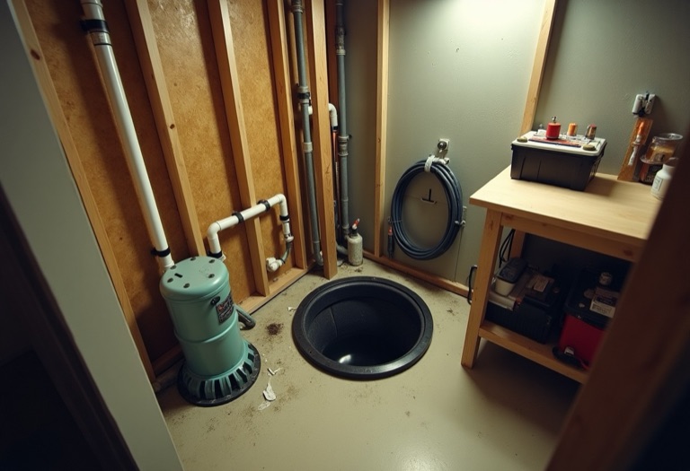Complete sump pump battery backup installation with controller, battery, and hose
