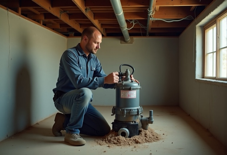 Plumber installing a grinder pump connected to a narrow discharge pipe in a basement