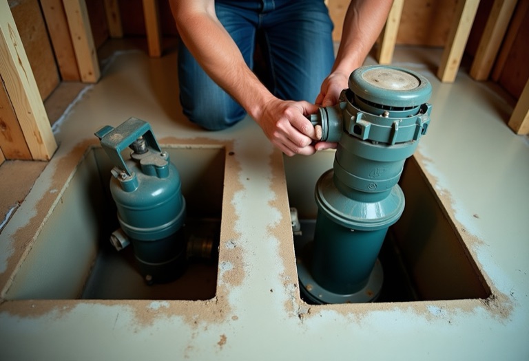 Sump pump and sewage ejector pump basins side by side in a basement floor