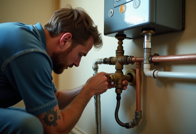 Plumber checking water flow at a copper manifold with multiple branch lines near a tankless heater