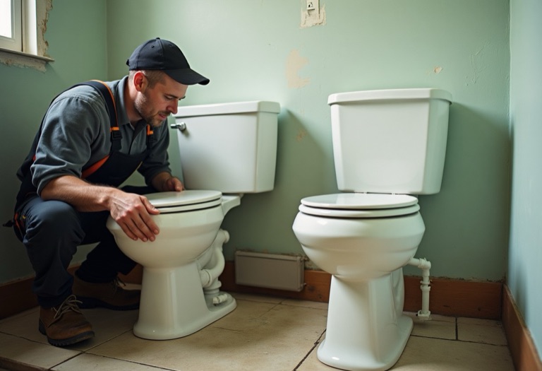 Plumber kneeling between two different toilet tanks in a bathroom renovation