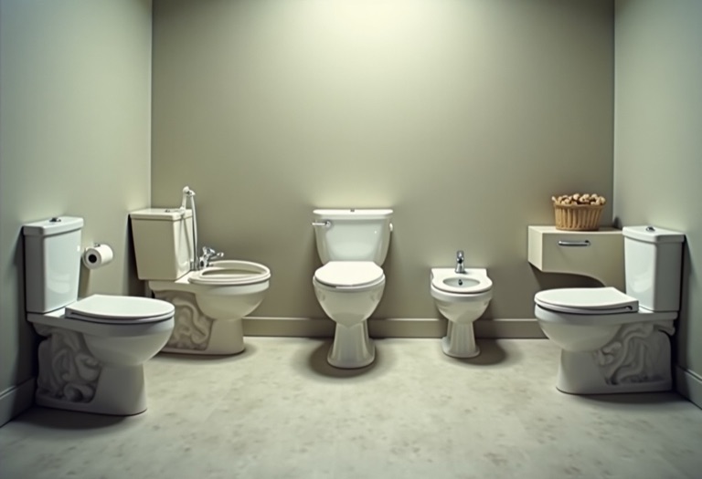 Four toilet styles displayed together in a bathroom showroom