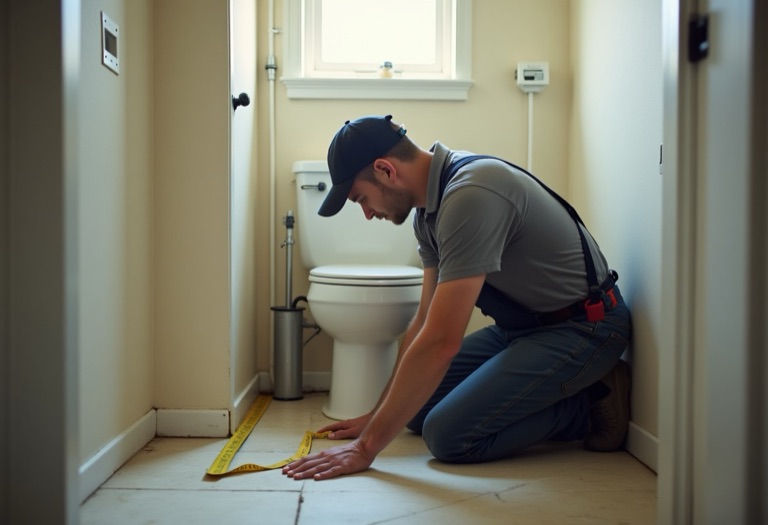 Plumber measuring rough-in distance on a bathroom floor