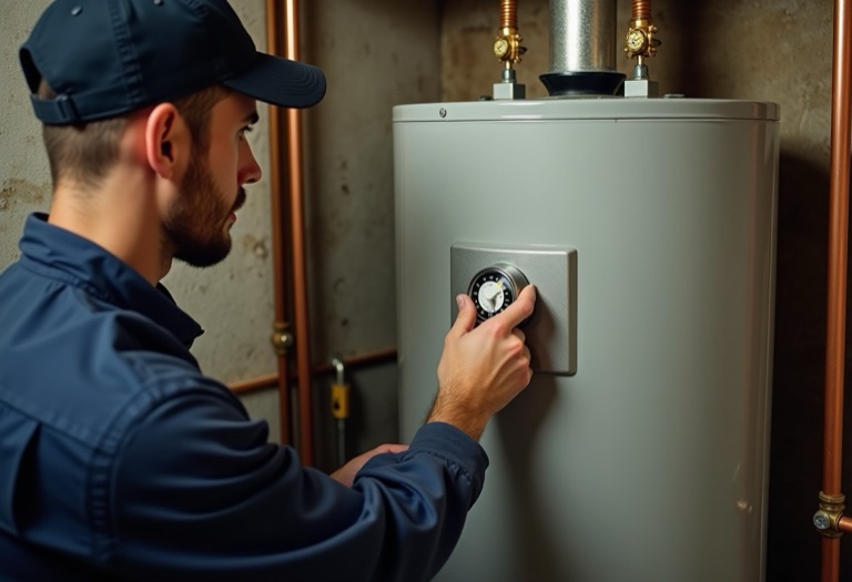 Plumber adjusting thermostat dial on a residential tank water heater