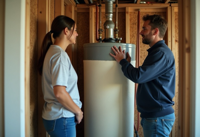 Insulated water heater tank with foam jacket and pipe insulation in utility closet