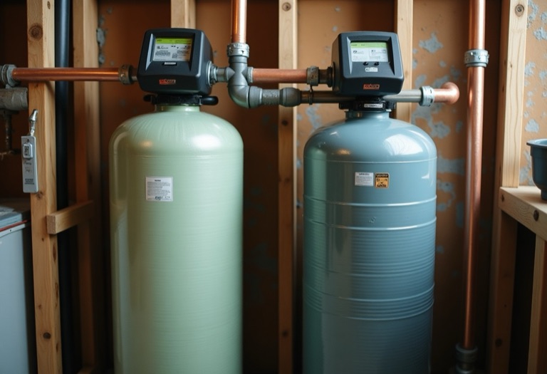 Water softener tank and salt-free conditioner unit installed side by side on copper pipes