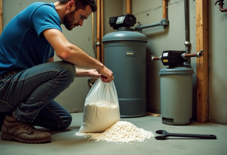 Plumber pouring salt pellets into a water softener brine tank in a basement
