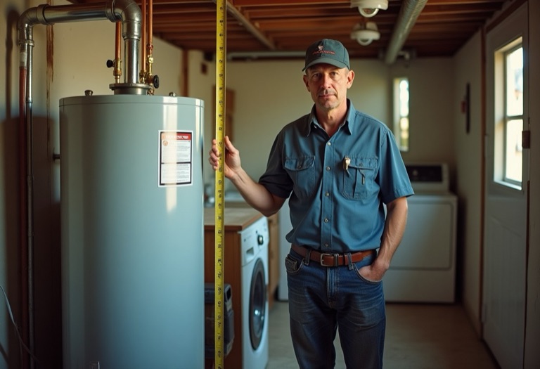 Plumber measuring a residential tank water heater in a basement utility room