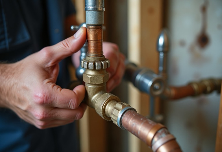 Plumber adjusting a valve near copper pipes feeding multiple fixtures