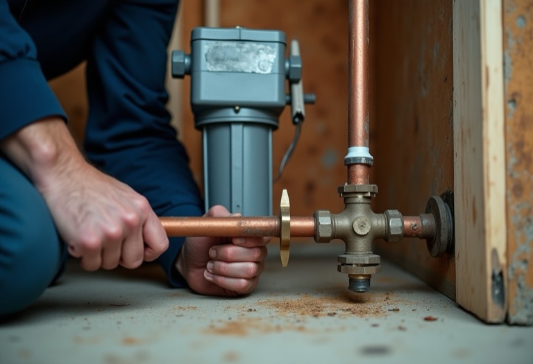 Plumber measuring pipe diameter near a whole house filter inlet with calipers