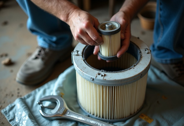 Tradesperson swapping a filter cartridge inside an open housing with tools nearby